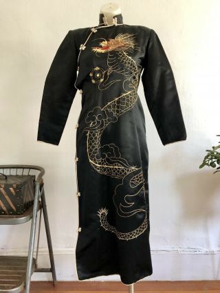 Vintage 1940s Black Satin Rayon Cheongsam Qipao Gold Metallic Embroidered Dragon 2