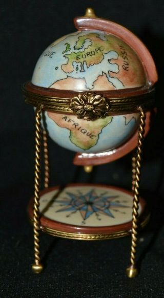 Antique Porcelain Ring Trinket Box World Globe Bar France Limoges,  Peint Main