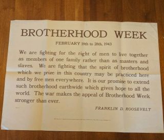 Brotherhood Week Ww2 Poster Franklin D.  Roosevelt Quote 20 " X28 "