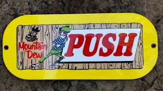 1960 Mountain Dew Porcelain Steel Enamel Sign Push Pull Door Cola Drink