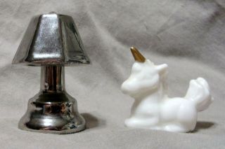 (2) Vintage Miniature Figurines White & Gold Unicorn,  Silver Dollhouse Lamp