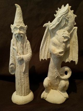 Ceramic Or Porcelain Wizard And Dragon Figurines Or Statue,  Signed,  Dated