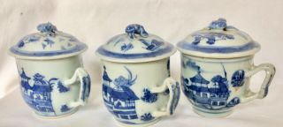 3 Antique 19th Century Chinese Export Porcelain Blue White Canton Syllabub Cups