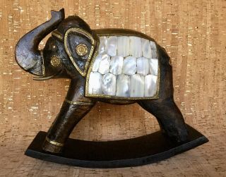 Unique Vintage Carved Wood Rocking Elephant W/brass Metal Trim,  Mother Of Pearl