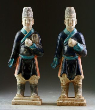 Sc Set Of 2 Chinese,  Ming Dynasty Tomb Pottery Attendants,  1368 - 1644