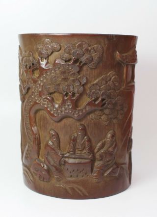 Large Finely Carved Antique Bamboo Brush Pot,  China,  Scholar In Courtyard Design