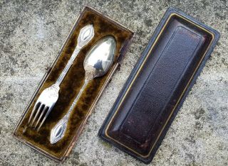 Antique Vintage Silver Plate Boxed Spoon And Fork Set Ornate Detailed Cutlery