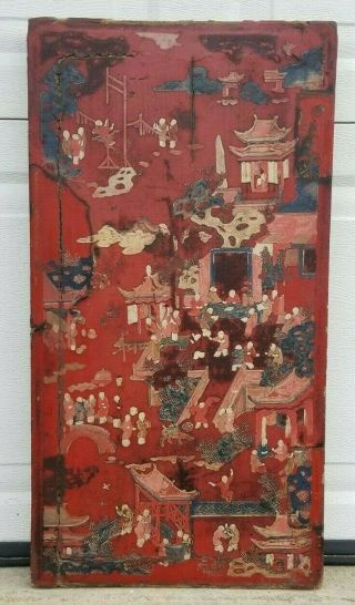 Antique Chinese 18/19th C.  Painted Red Lacquer Wooden Furniture Door Panel 26 "