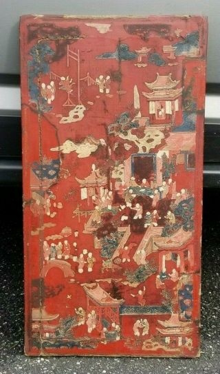Antique Chinese 18/19th C.  Painted Red Lacquer Wooden Furniture Door Panel 26 