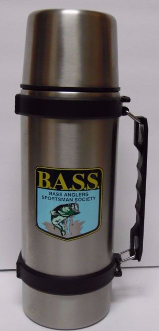 Vtg 1980s B.  A.  S.  S.  Bass Anglers Sportsman Society Fishing Hunting Chrome Thermos
