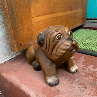 Vtg 10 " Wooden Bulldog Doorstop Carved Wood Sculpture Handmade Dark Brown