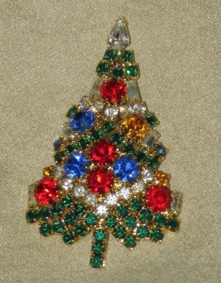 Vintage Eisenberg Ice Multi Colored Rhinestone Christmas Tree Brooch
