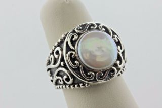 Fd Sterling Silver 925 Filigree Design Flat Domed Mother Of Pearl Mop Ring Sz 7