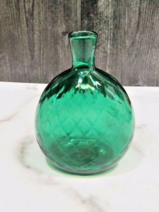 Antique Teal Green Blown Glass Flask Bottle Swirled Ribbed 5.  75 " Rough Pontil