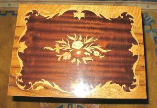 Vintage Italian Inlaid Wood Floral Jewelry Music Box Accent Table
