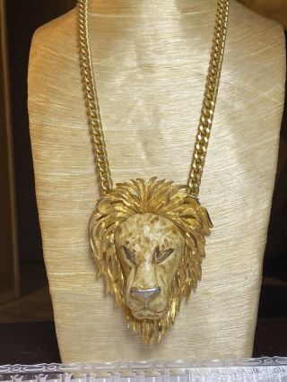 Vtg Gold Luca Razza Signed Necklace Lion Leo Zodiac Massive Scultural