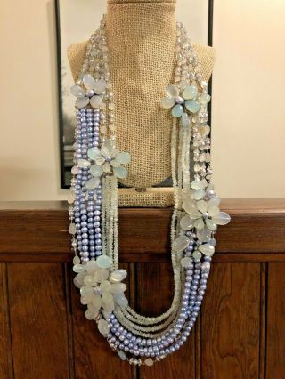 Vintage Huge Sterling Silver 9 Strand Opalite Aquamarine Pearl Necklace 925