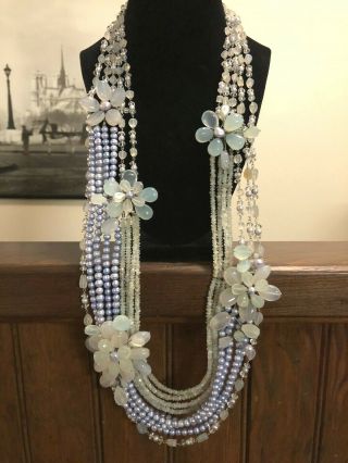 Vintage HUGE Sterling Silver 9 Strand Opalite Aquamarine Pearl Necklace 925 2