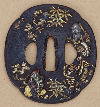 Antique Tsuba Japanese Sword Guard Iron Chinese Fable - Gold,  Silver,  Copper Inlay