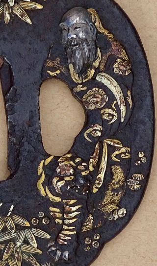 Antique Tsuba Japanese Sword Guard Iron Chinese Fable - Gold,  Silver,  Copper Inlay 2