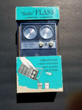 Vintage 1969 Royal London Radio Flask Jigger Shot Glasses Funnel Box