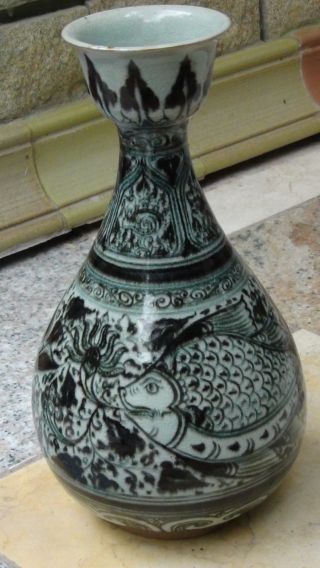 Early 20c Chinese Ceramic Celadon Glazed Vase W/2 Monochrome Painting Of Fish