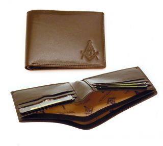 Compass And Square Masonic Leather Bi - Fold Wallet Brown - Freemasons Symbol Logo