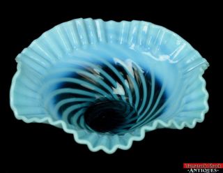 Vintage Fenton Art Glass Blue Opalescent Satin Spiral Optic Swirl 9.  5 " Bowl L5x