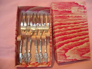 Vintage Set Of 6 Silver Plated Oyster Forks Souvenir From Greece - Boxed