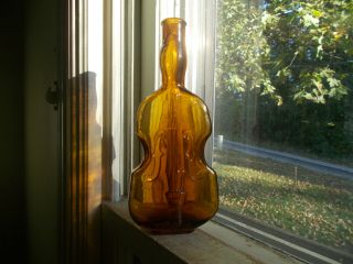 Pretty Golden Amber Figural Violin Bottle Hand Blown Small 7 " Size Shiny