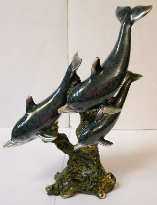 Dolphin Statue,  3 Gorgeous Dolphins " Swimming " On Coral,  Stunning 9 " Piece,