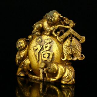 Chinese Gilt Gold Bronze Fortune Kids Statue 2