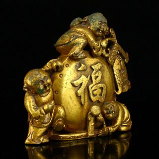 Chinese Gilt Gold Bronze Fortune Kids Statue 3
