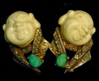 Pair Vintage Signed Har Laughing Buddha Ab Rhinestone Faux Jade Clip Earrings