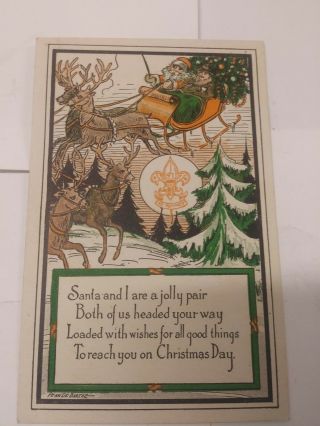Boy Scout Christmas Card,  1918 To 1930 Era,  Santa And Scout In Santa 