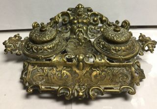 Vintage Cast Brass Double Inkwell With Pen Tray Art Nouveau Dragons & Scrolling
