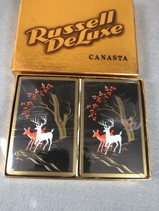 Vintage Canasta Russell Deluxe Playing Cards 2 Decks Deer Tax Stamp G27