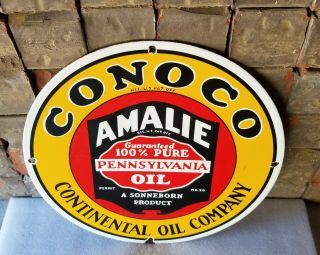 Vintage Conoco Porcelain Metal Amalie Ad Gasoline Oil Service Station Pump Sign
