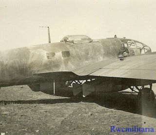 Org.  Photo: Us View Abandoned Luftwaffe He - 111 Bomber Armed On Airfield