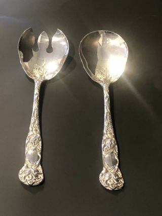 Silver Plated Salad Serving Spoon Fork Set W.  A.  Italy Very Ornate 9 1/2 Inch