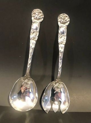 Silver Plated Salad Serving Spoon Fork Set W.  A.  Italy Very Ornate 9 1/2 inch 2