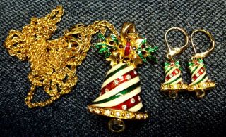 Christopher Radko Rhinestone Crystal Bell Pendant Pierced Earring Set Christmas
