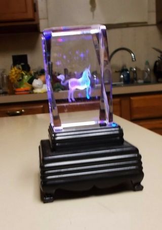 Laser Etched Solid Crystal Glass Paperweight Pegasus Ew/ Stars Lighted Stand Inc