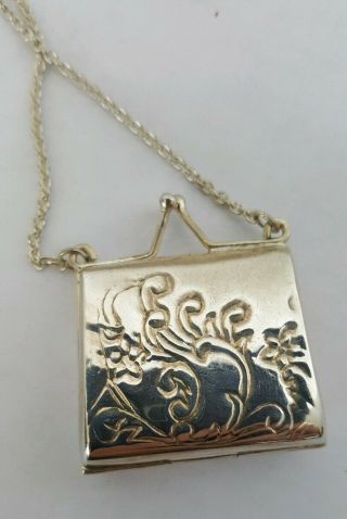 Vintage Etched Sterling Hinged Purse / Pill Box Pendant & Chain Necklace
