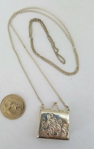 VINTAGE ETCHED STERLING HINGED PURSE / PILL BOX PENDANT & CHAIN NECKLACE 2