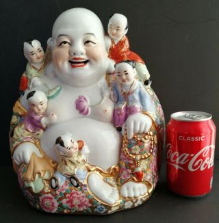 11 " Large Old Chinese Porcelain Happy Laughing Buddha Famille Rose Mille Fleur