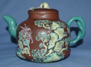 Most Antique Chinese Yixing Enamelled Teapot Signed - 19th Century