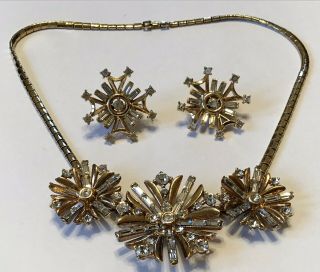 Vintage Crown Trifari Signed Clear Rhinestone Necklace & Earrings Sv1