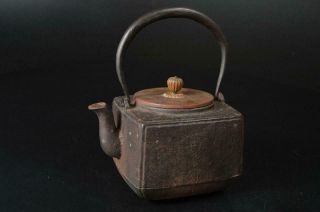 U5315: Japanese Xf Old Iron Quadrangle Tea Kettle Teapot Tetsubin W/copper Lid