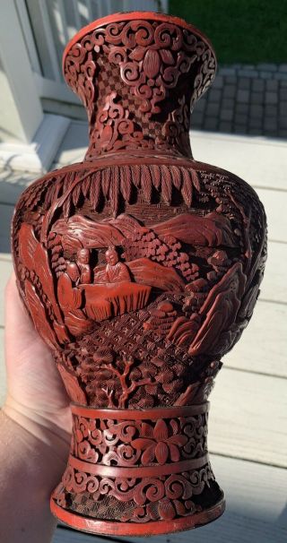 Antique Chinese Cinnabar Vase Urn 19th Century Qing Dynasty Carved Asian
